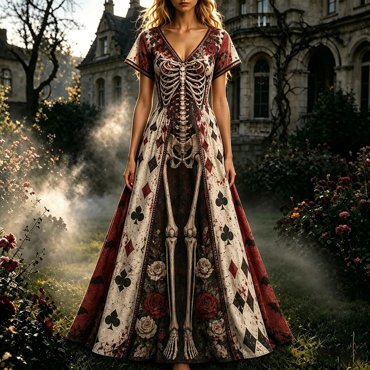 Women's Halloween Halloween Gothic Skeleton & Floral Poker Print Short-sleeve Dress