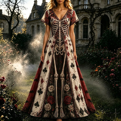 Women's Halloween Halloween Gothic Skeleton & Floral Poker Print Short-sleeve Dress