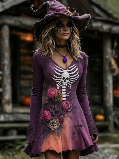 Women's Halloween Rose Skeleton Witch Cosplay Midi Dress