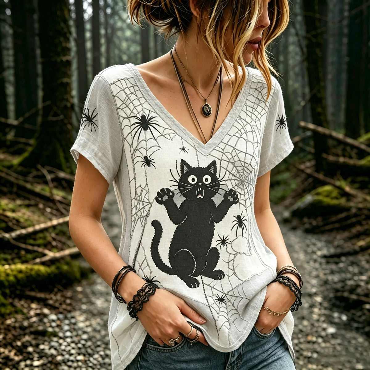 Women's Vintage Shock Spider Black Cat Patchwork Art Short Sleeve T-shirt