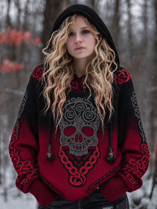 Women's Vintage Viking Tribal Celtic Skull Gradient Art Chunky Knit Hooded Sweater