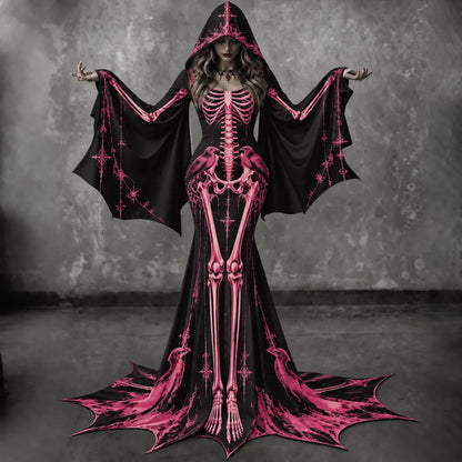 Women's Vintage Gothic Skeleton With Floral Batwing Flare Sleeve Round Neck Bodycon Maxi Dress With Hooded – Halloween Costume