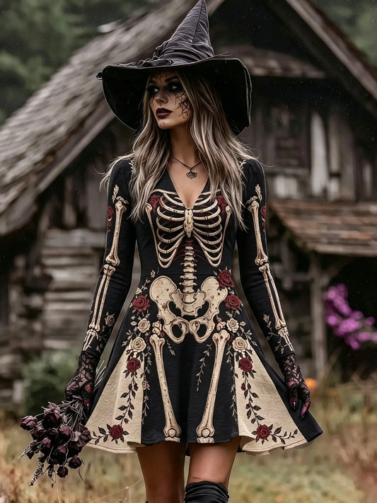 Women's Vintage Halloween Gothic Skeleton Roses Art Print Linen Mini Dress