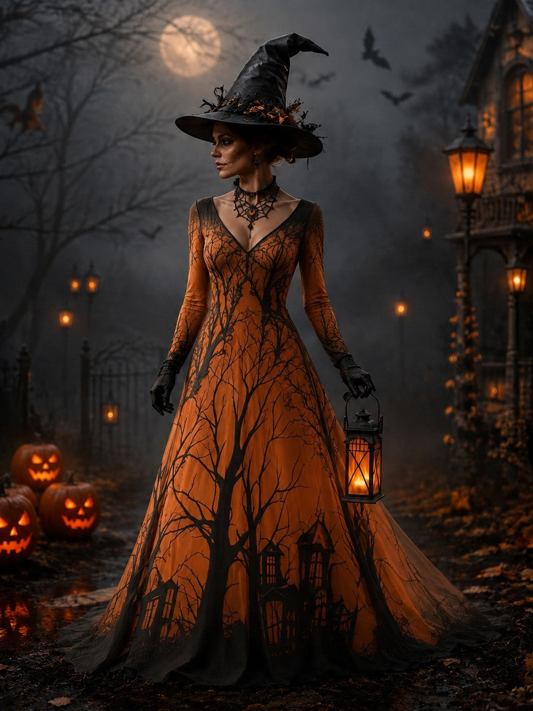 Women's Halloween Gradient Treehouse Print Witch V-neck Maxi Dress