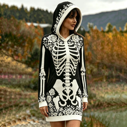 Women's Vintage Halloween Skeleton Bones With White Rose Art Hoodie Dress