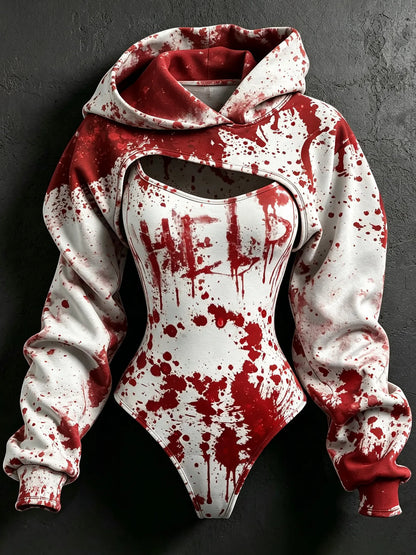 Women's Retro Halloween Bloodstain Hlep Print Hoodie Two-piece Set