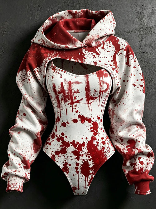 Women's Retro Halloween Bloodstain Hlep Print Hoodie Two-piece Set