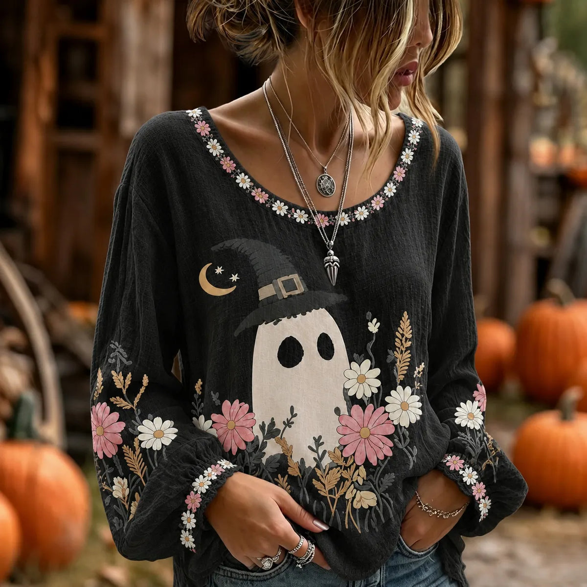 Women's Halloween Ghost With Floral Art Embroidered Linen Blend Round Neck Long Sleeve Tops