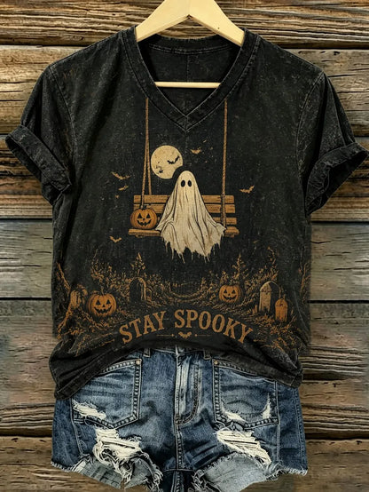 Women's Retro Halloween Theme Ghost Print T-shirt