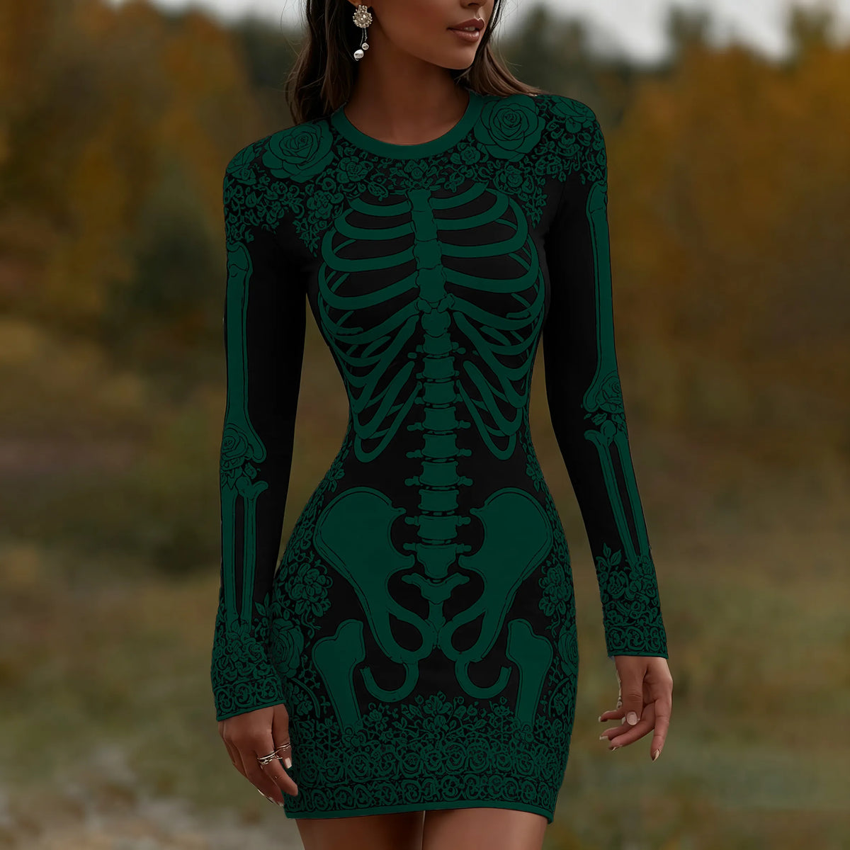 Women's Vintage Halloween Skeleton Bones With Rose Art  Mini Dress