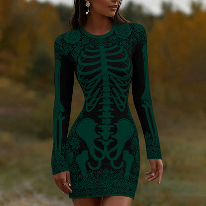 Women's Vintage Halloween Skeleton Bones With Rose Art  Mini Dress