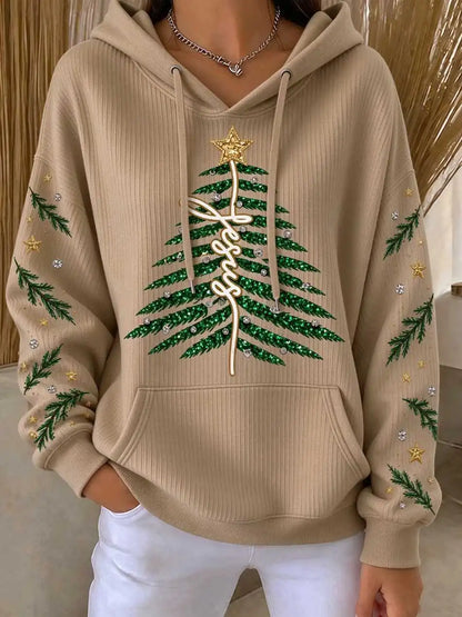 Women Jesus Christmas Tree Glitter Print White Hoodie