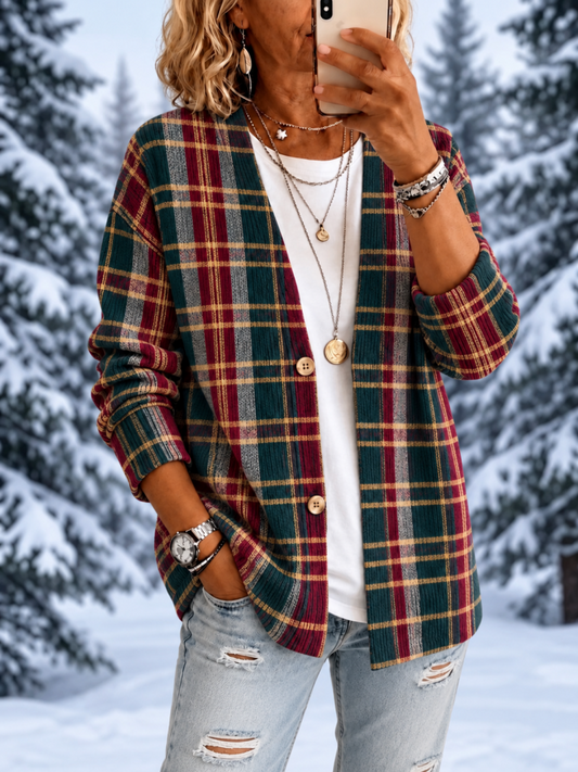 Women's Christmas Plaid Art Pattern Comfortable Knit Cardigan