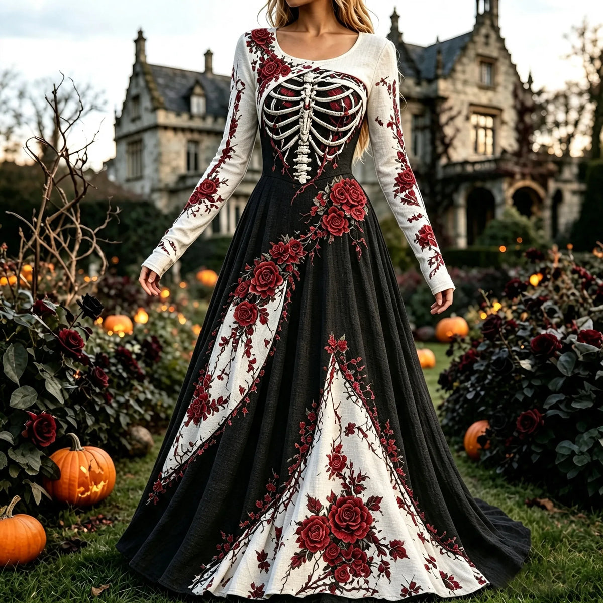 Women's Vintage Halloween Gothic Skeleton Roses Art Print Long Sleeve Linen Maxi Dress