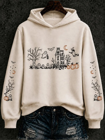 Women's Halloween Ghastly Witch Pumpkin Bat Regular Hoodie