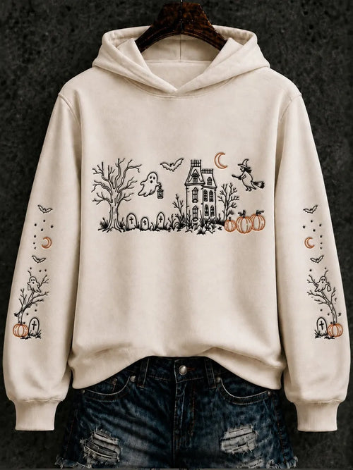 Women's Halloween Ghastly Witch Pumpkin Bat Regular Hoodie