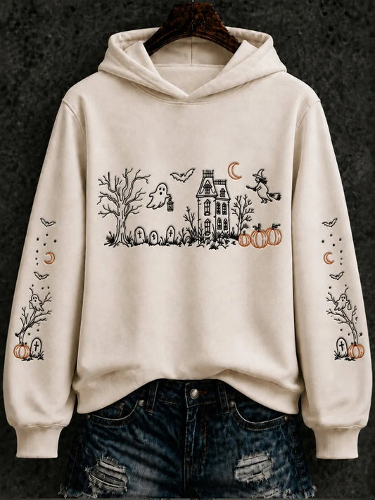 Women's Halloween Ghastly Witch Pumpkin Bat Regular Hoodie
