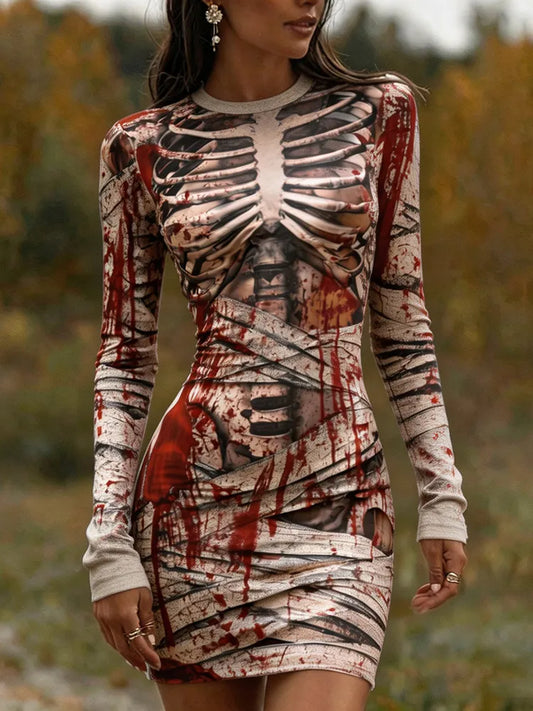 Women's Halloween Skull Mummy Long-sleeved Bloodstained Print V-neck Gothic Horror Party Dress