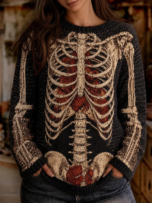 Women's Halloween Skull Art Knit Casual Vintage Crewneck Sweater