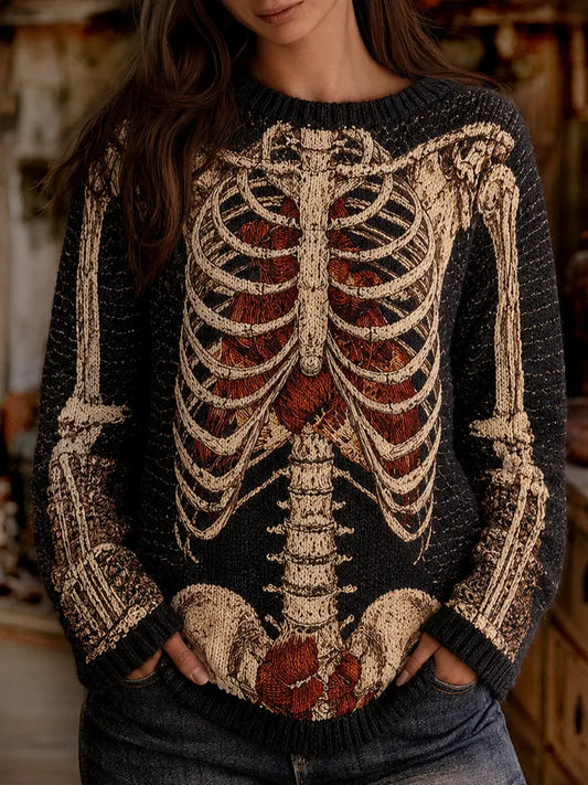 Women's Halloween Skull Art Knit Casual Vintage Crewneck Sweater