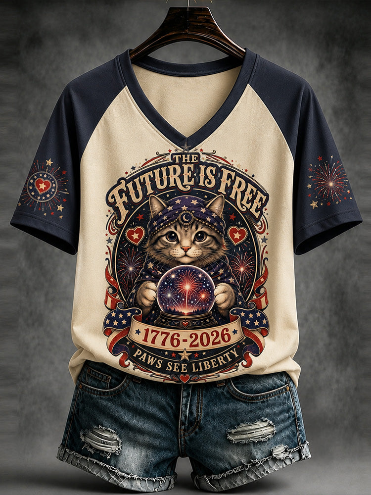 Women's Halloween Cute Cat And Usa Anniversary Art Print Raglan Sleeve T-shirt
