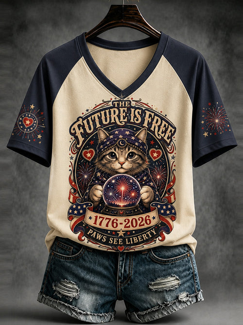 Women's Halloween Cute Cat And Usa Anniversary Art Print Raglan Sleeve T-shirt