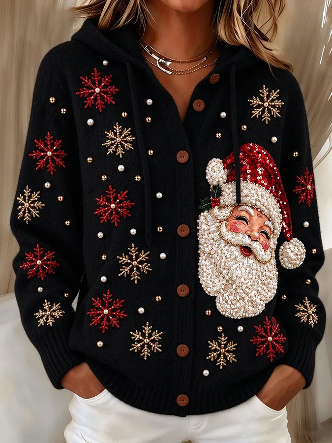 Women's Santa and Snowflake Hooded Knit Cardigan - Black