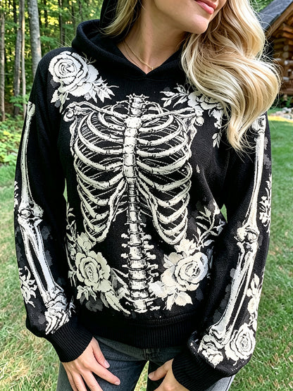 Women's Vintage Halloween Skeleton Flowers Print Cozy Art Knit Hooded Sweater