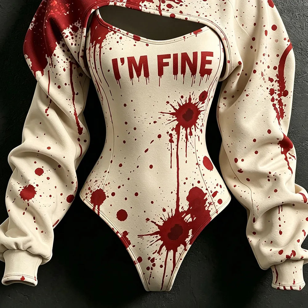 Women's Retro Halloween Bloodstain I'm Fine Print Hoodie Two-piece Set