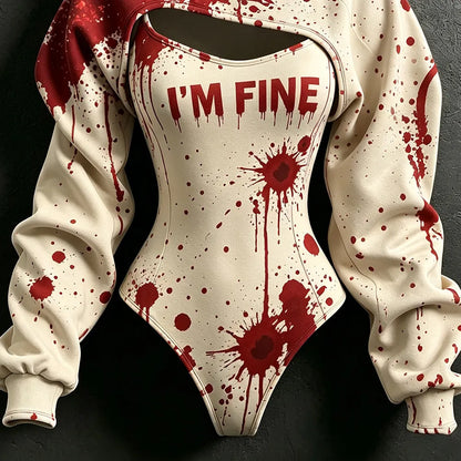 Women's Retro Halloween Bloodstain I'm Fine Print Hoodie Two-piece Set