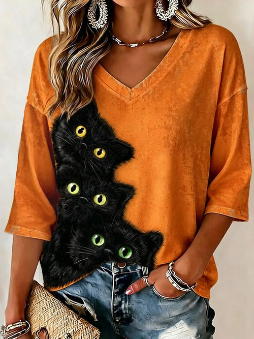 Women’s Realistic 3d Clinging Fluffyblack Cat Print Three-quarter Sleeve T-shirt
