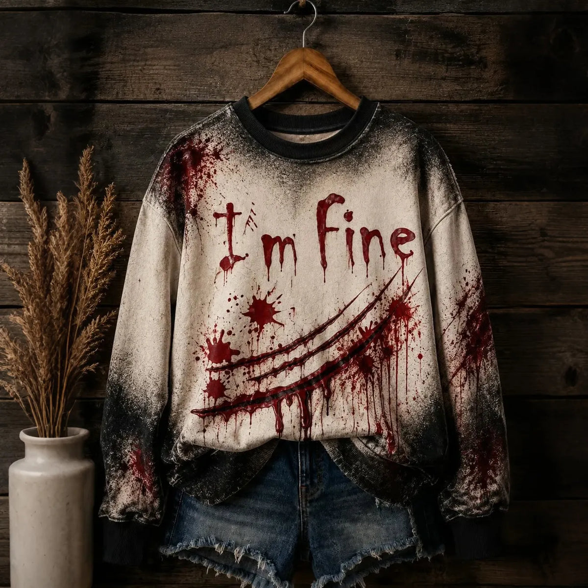 Women's Halloween Bloody I'm Fine Print Sweatshirt