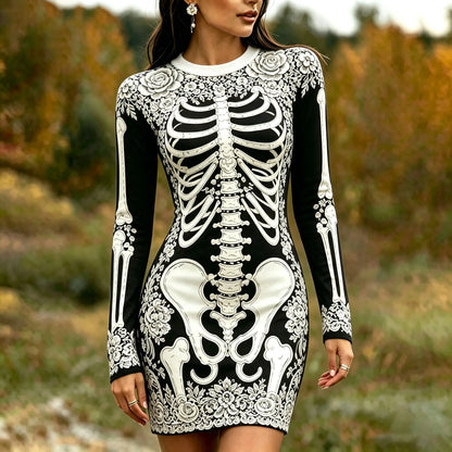 Women's Gothic Skeleton White Rose Art Print Bodycon Mini Dress