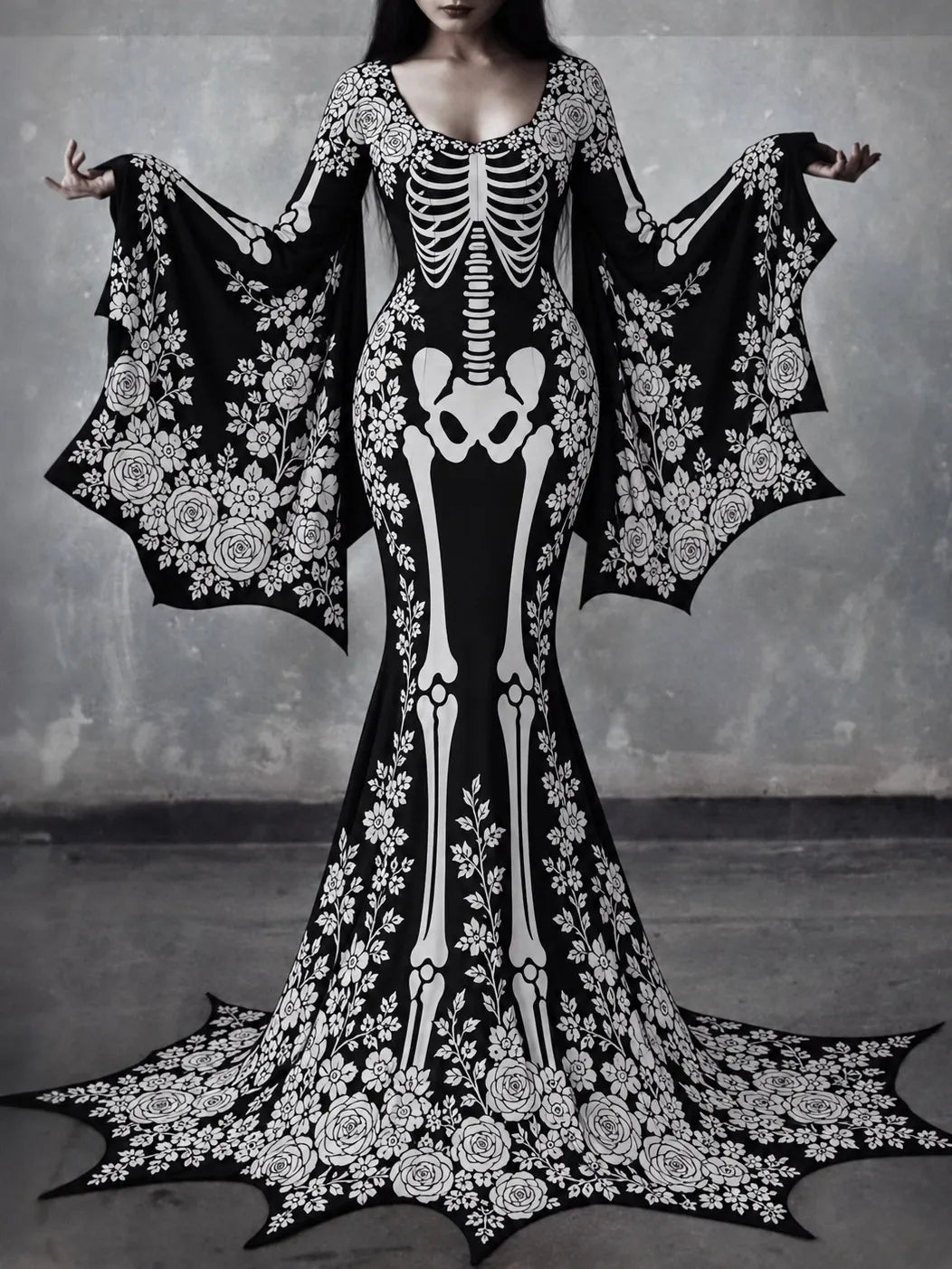 Women's Gothic Skeleton With White Roses Batwing Flare Sleeve Round Neck Bodycon Maxi Dress – Halloween Costume