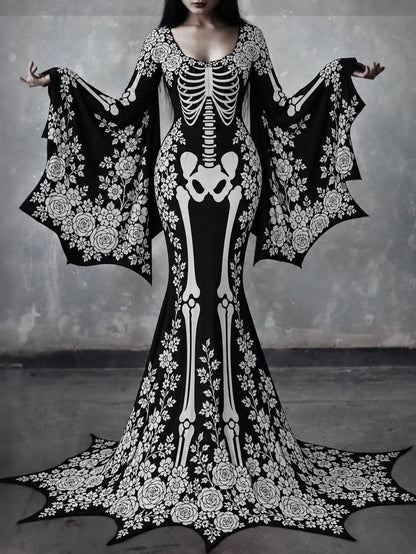 Women's Gothic Skeleton With White Roses Batwing Flare Sleeve Round Neck Bodycon Maxi Dress – Halloween Costume