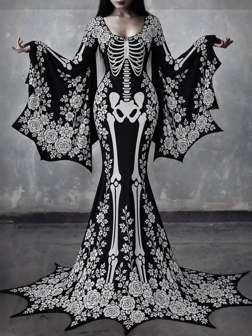 Women's Gothic Skeleton With White Roses Batwing Flare Sleeve Round Neck Bodycon Maxi Dress – Halloween Costume