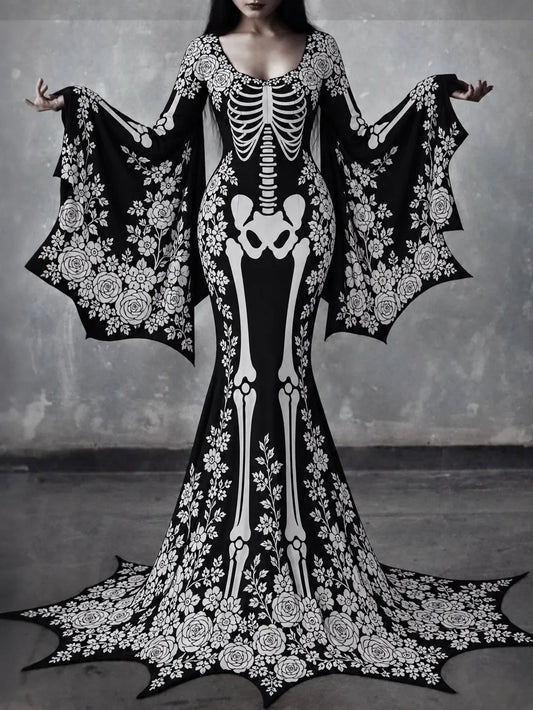 Women's Gothic Skeleton With White Roses Batwing Flare Sleeve Round Neck Bodycon Maxi Dress – Halloween Costume
