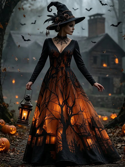 Women's Halloween Gradient Treehouse Print Witch V-neck Maxi Dress