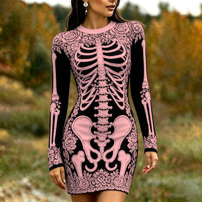 Women's Gothic Skeleton White Rose Art Print Bodycon Mini Dress