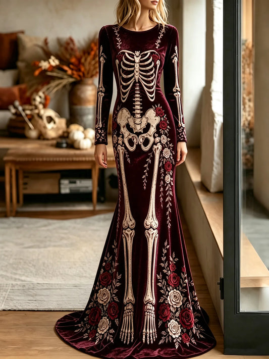 Women's Halloween Gothic Style Gothic Skeleton & Floral Pattern Velvet Long Dress