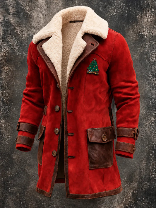 Men'S Long Coat , Color-Block Design, And Plush Paneling – Warm Christmas Style