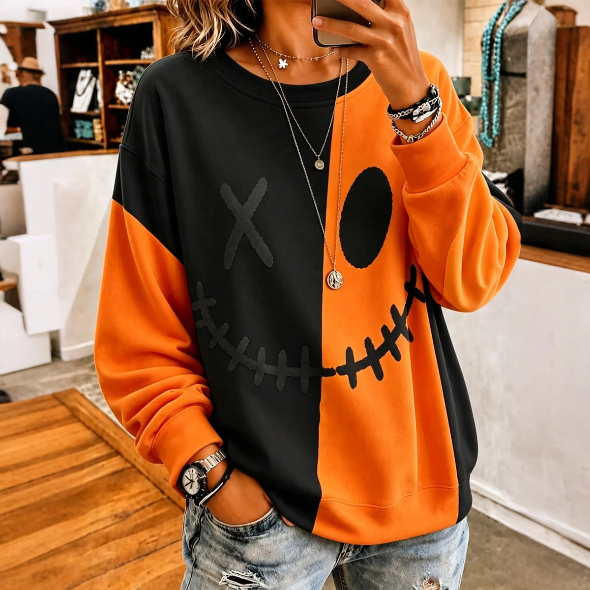 Women's Halloween Ghostly Face Color Blocking Print Casual Sweatshirt