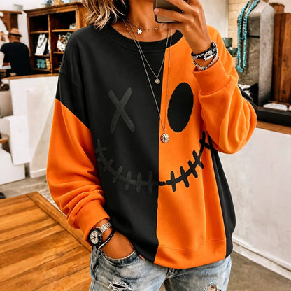Women's Halloween Ghostly Face Color Blocking Print Casual Sweatshirt