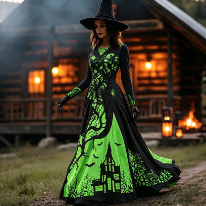 Women's Halloween Gradient Treehouse Design Witch V-neck Maxi Dress