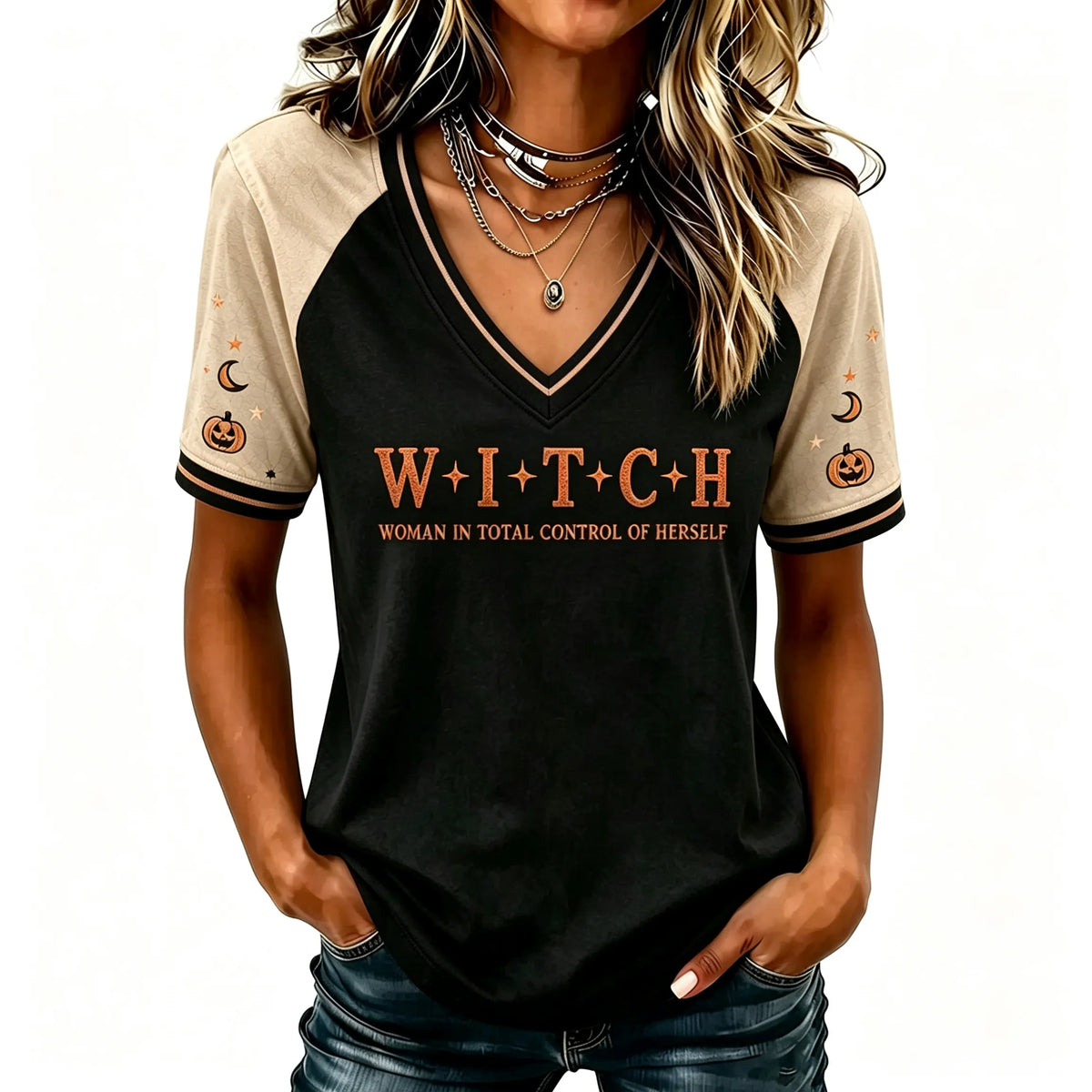 Women's Halloween 'woman In Total Control Of Herself' Printed V-neck Short-sleeved T-shirt