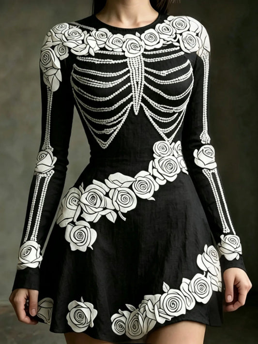 Women's Halloween Jacquard Pattern Human Skull With White Rose Art Round-neck Mini Dress