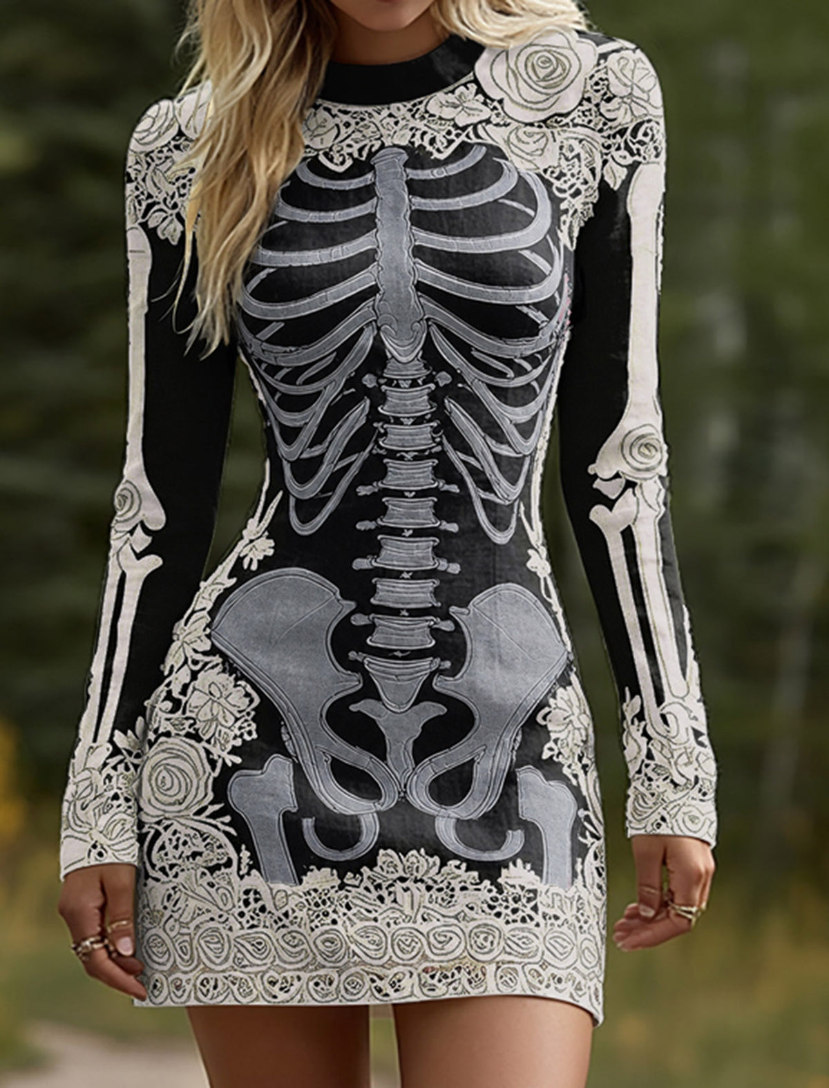 Women's Halloween Skeleton Bones Leather With Rose Pattern Art Hot Sexy Style Cozy Knit Mini Sweater Dress