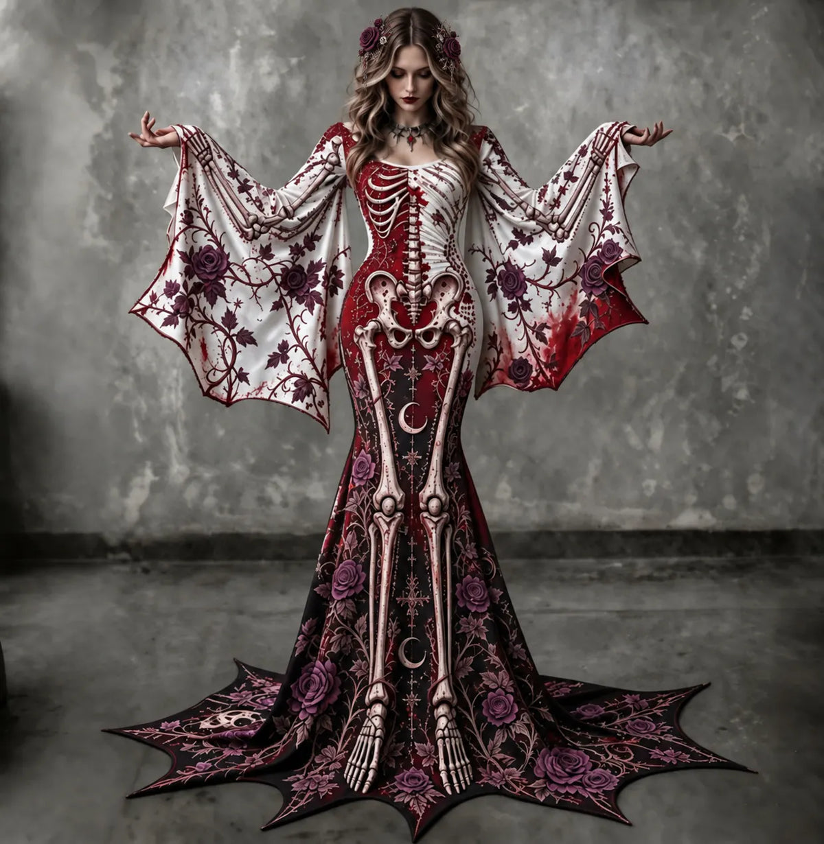Women's Gothic Skeleton With Floral Batwing Flare Sleeve Round Neck Bodycon Maxi Dress – Halloween Costume