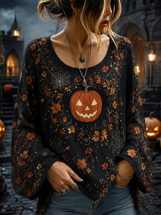 Women's Halloween Pumpkin & Spiderweb Graphic Top