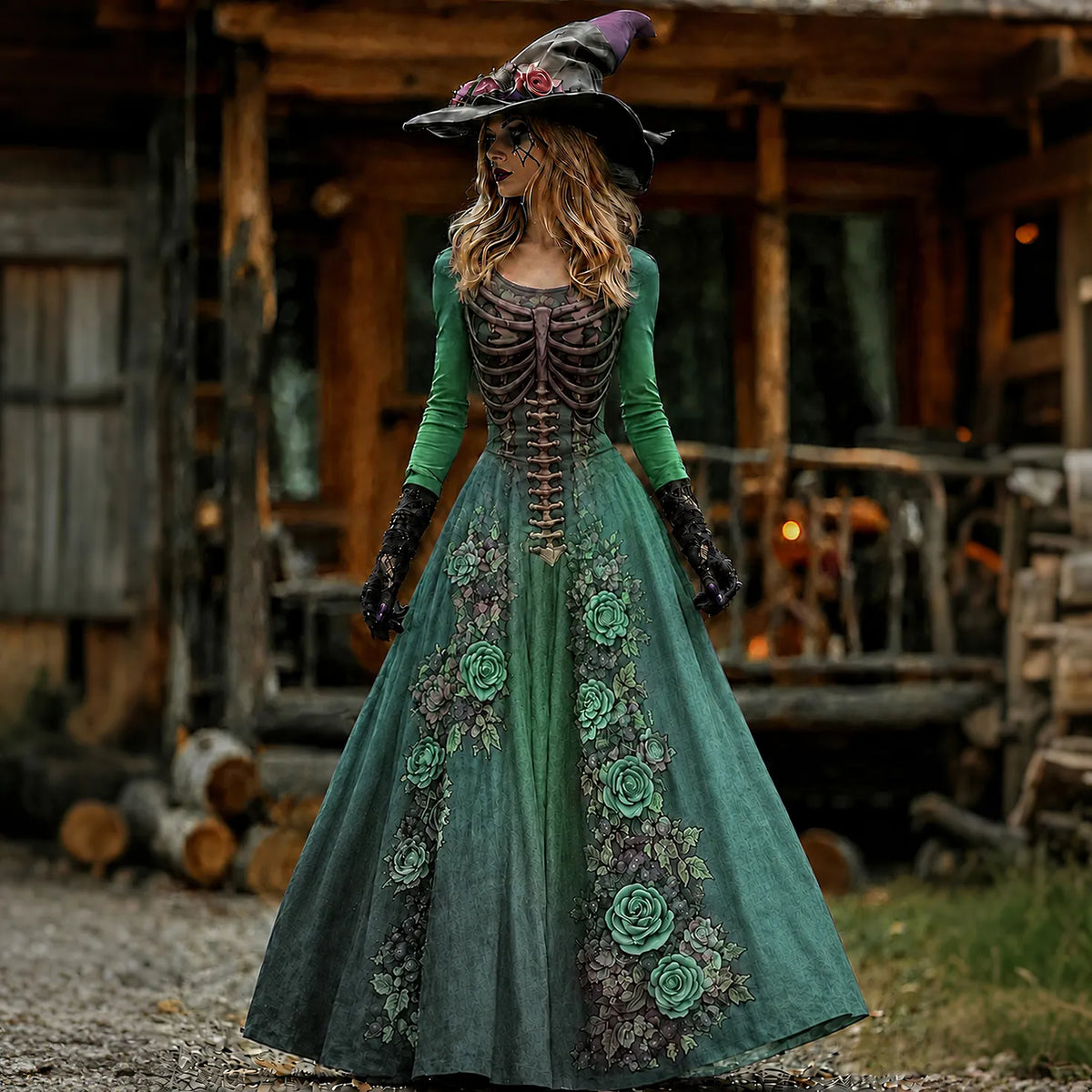 Vintage  Skull Rib Cage Rose Pattern Maxi Dress